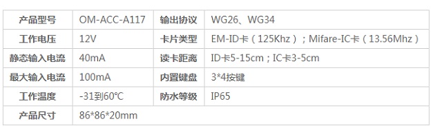 迈世动力环境监控系统门禁读卡器OM-ACC-A117