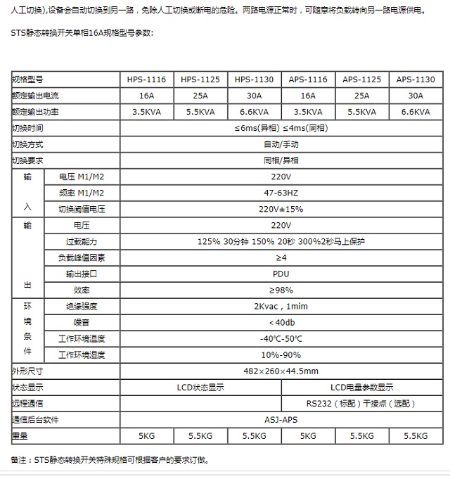 艾斯捷STS静态旁路开关16A单相1U机架式HPS-1116/1125A